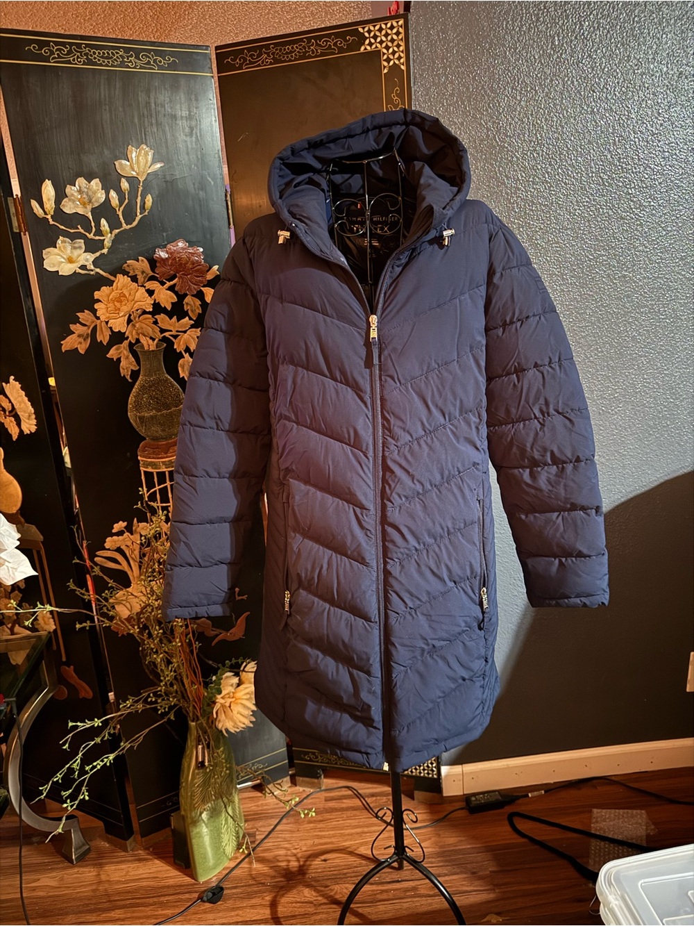 Tommy Hilfiger Navy Quilted Hooded Puffer Coat